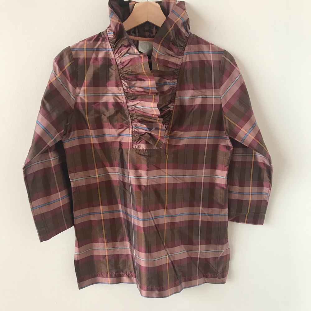 Devon Baer tartan ruffle neck blouse